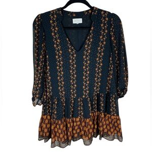 *2/$30* Melloday Black Brown Floral 3/4 Sheer Sleeve V-Neck Tunic Top Size S